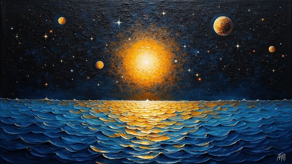 A single point of consciousness floating in perfect inky blackness like deep space, with distant twinkling lights like stars, while fractal rainbow patterns like gasoline on water wash over in waves