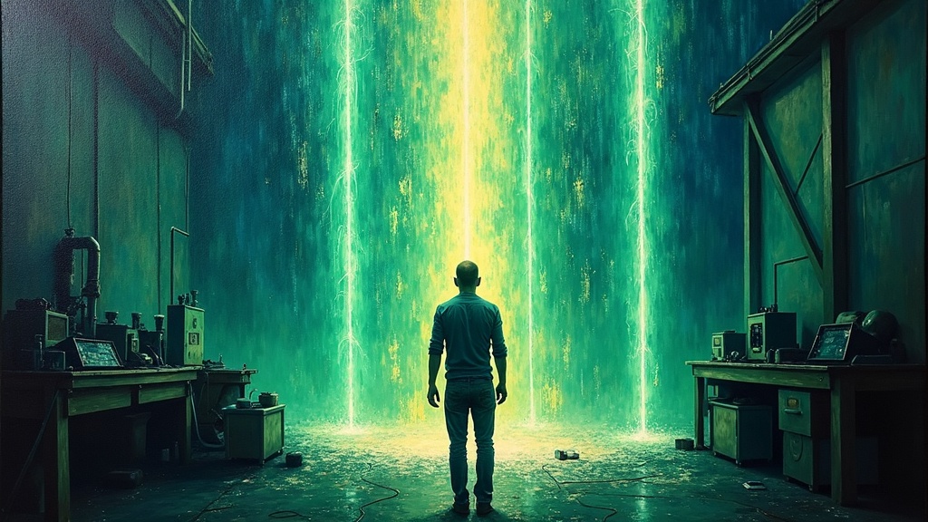 A man being electrocuted by high-voltage equipment in a workshop, his vision shattering into vertical cylinders of iridescent green light stretching infinitely up and down, falling through space