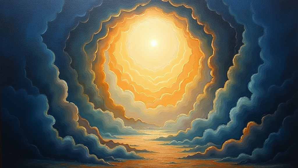 A vast, feathery, pillowy darkness that seems to extend forever like a safe unending cave, with countless presences gathering like invisible choirs, representing all spirits of creation including ancestors, angels, plants, and animals, all together forming one loving divine presence