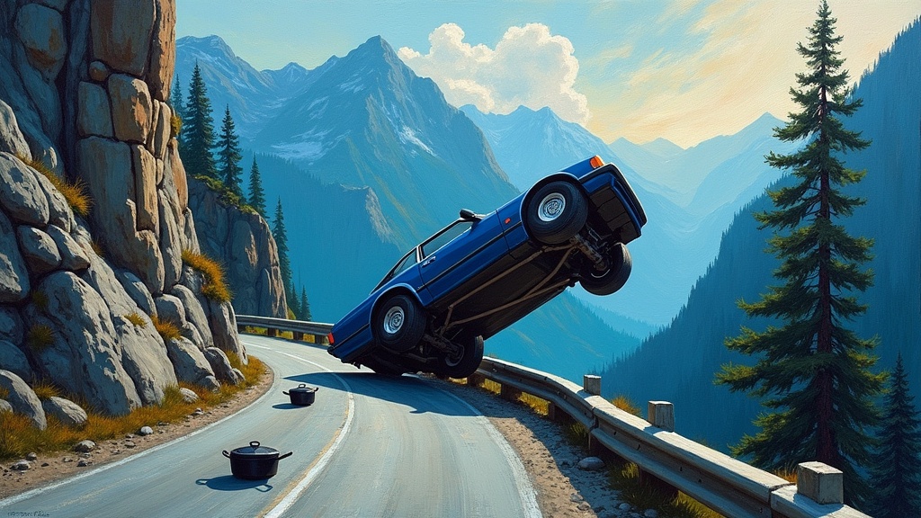 A car flipped upside down, balanced precariously on a concrete guardrail on a mountain highway, wheels pointing up at the sky, with steep rock face on one side and a sheer drop into trees on the other, camping equipment and cast iron pots scattered on the road