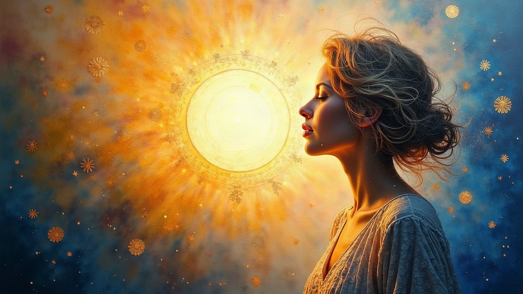 A woman's consciousness merging with a luminous ball of divine light that fills the universe, surrounded by the presences of Archangel Michael, Mother Mary, and her grandmother, experiencing bliss and eternity.
