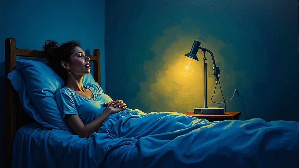 A woman alone in a darkened bedroom at 1:30 AM, sitting upright in bed gasping for air, her chest closing in, a breathing machine beside her, desperate and praying.