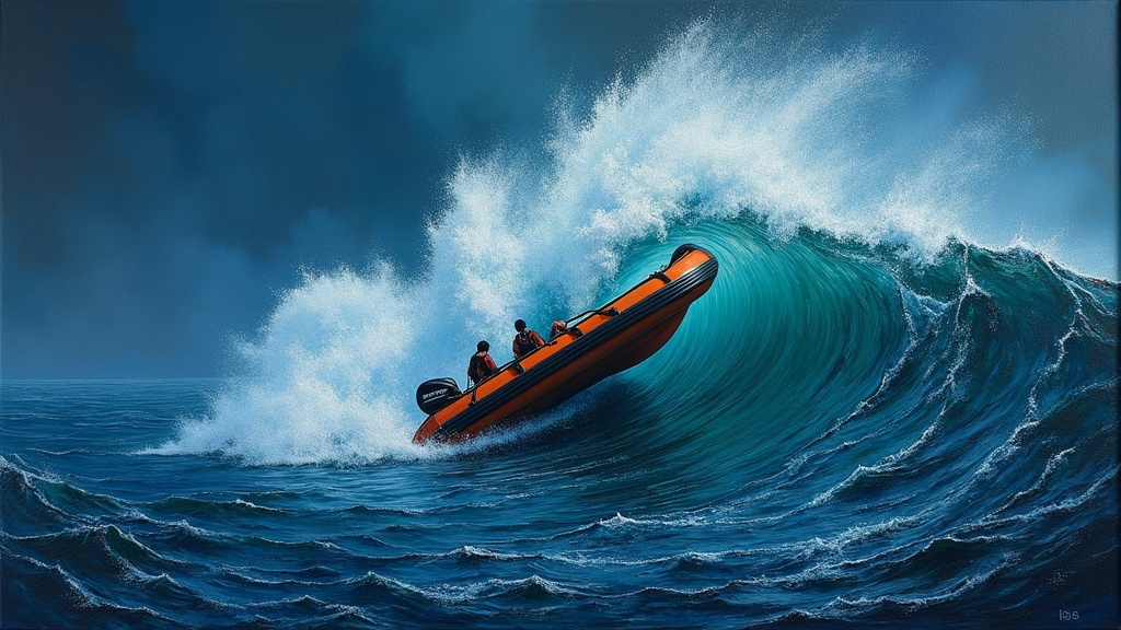 A rubber zodiac boat folded in half like a peanut butter sandwich by a massive 30-foot Pacific breaker, catapulting a diver into violent, cold, roaring seas at night.