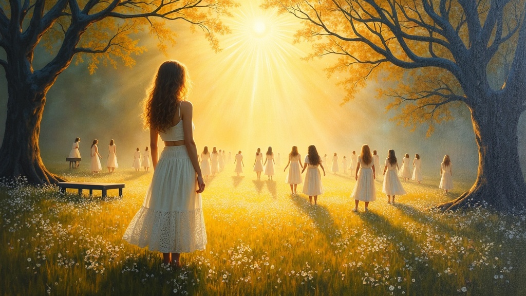 A woman in a white eyelet dress standing in a luminous garden with impossibly soft grass under her feet, sitting on a bench with glowing spiritual guides, surrounded by dozens of translucent figures representing her other lives, everything radiating with golden light and love