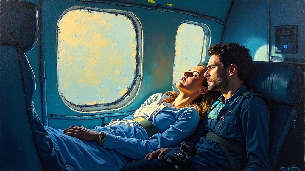 A woman strapped into a medical helicopter, sunlight streaming through the window hitting her face as she lies motionless, her husband sitting beside her, paramedics working around them during an early morning flight