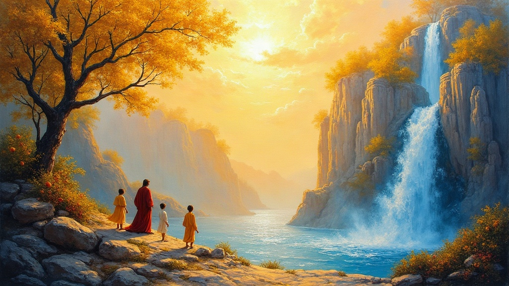A beautiful valley in heaven with trees bearing fruit, a waterfall of living diamonds flowing between ancient white walls, colors more vivid than Earth, and Jesus standing among children in a white and gold castle.
