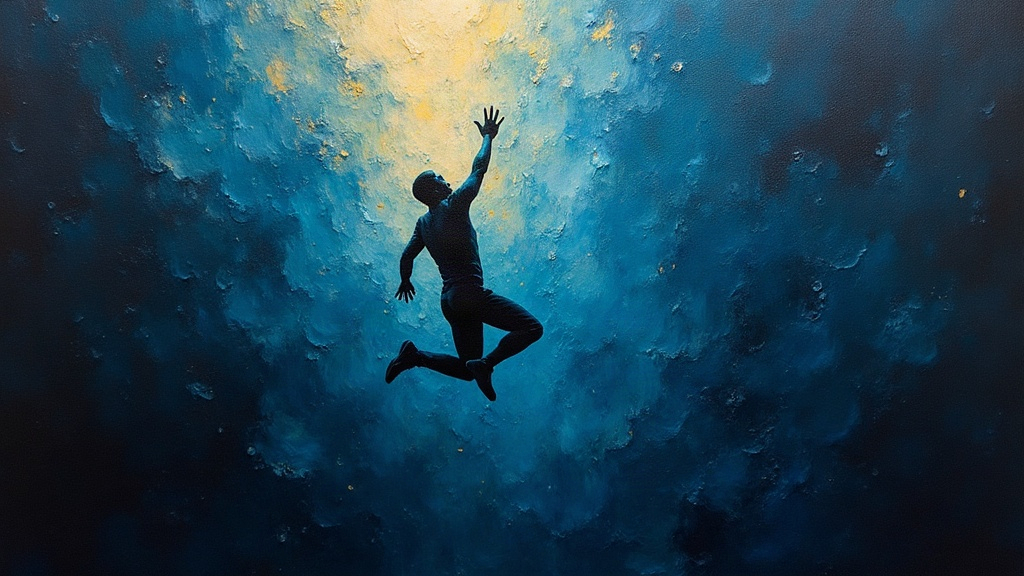 A man falling rapidly through absolute blackness, darker than any earthly darkness, with intense wind tearing at him, unable to breathe, his voice screaming into the void.