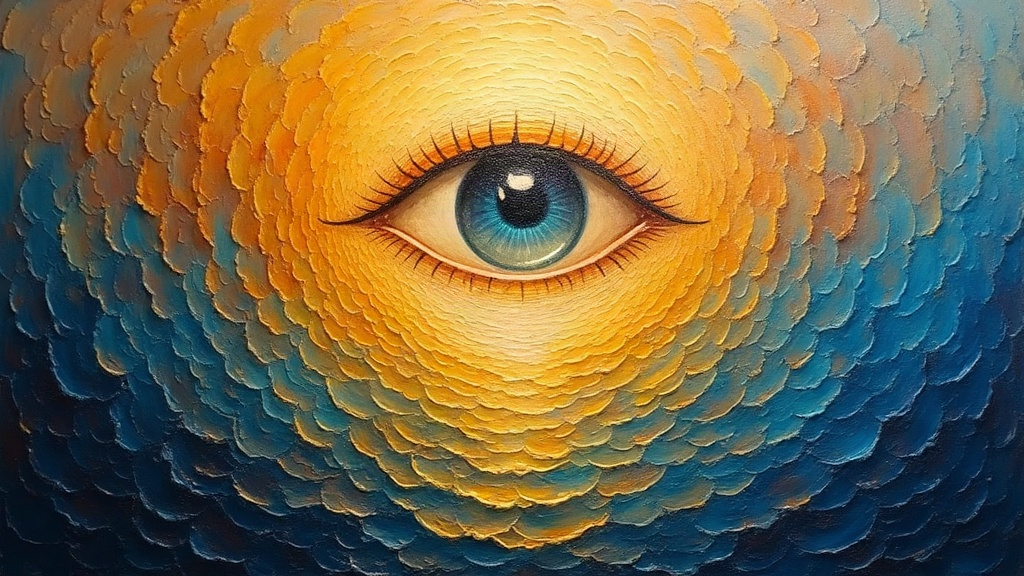 A soul merged with the mathematical order of the universe, feeling the interconnected frequencies of Earth as a living being with an opening eye, surrounded by guides and the reflection of all things above and below.