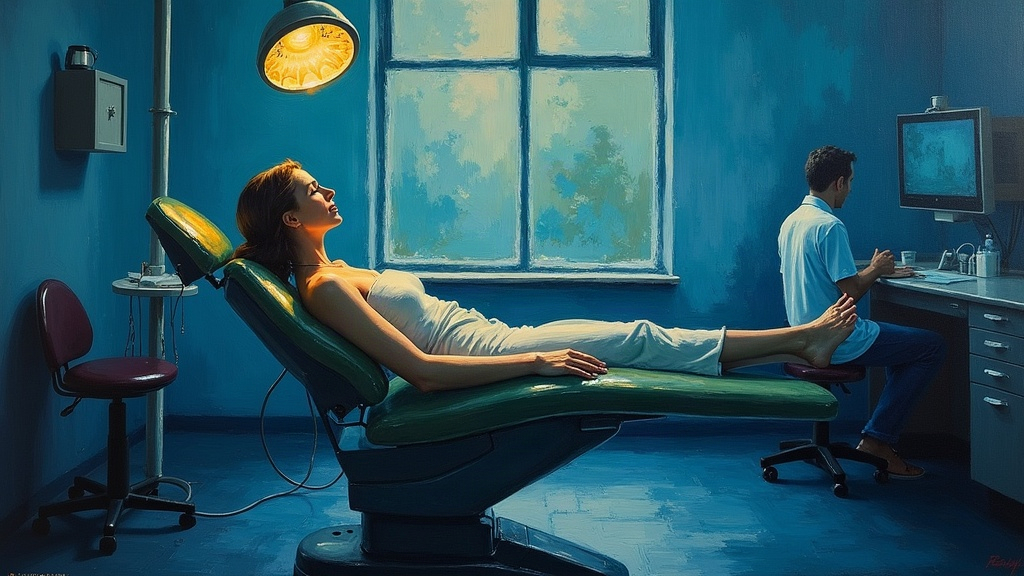 A woman floating two to three feet above a dentist's chair, looking down at her own body lying below, the dentist with his back turned at a nearby counter