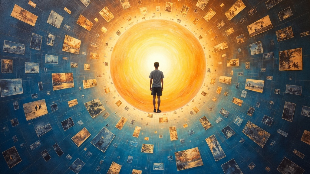 A young man hovering in the center of an enormous luminous sphere, surrounded by thousands of glowing motion picture screens showing different lifetimes, while a brilliant warm light hovers beside him, both of them reviewing scenes together with joy and laughter.