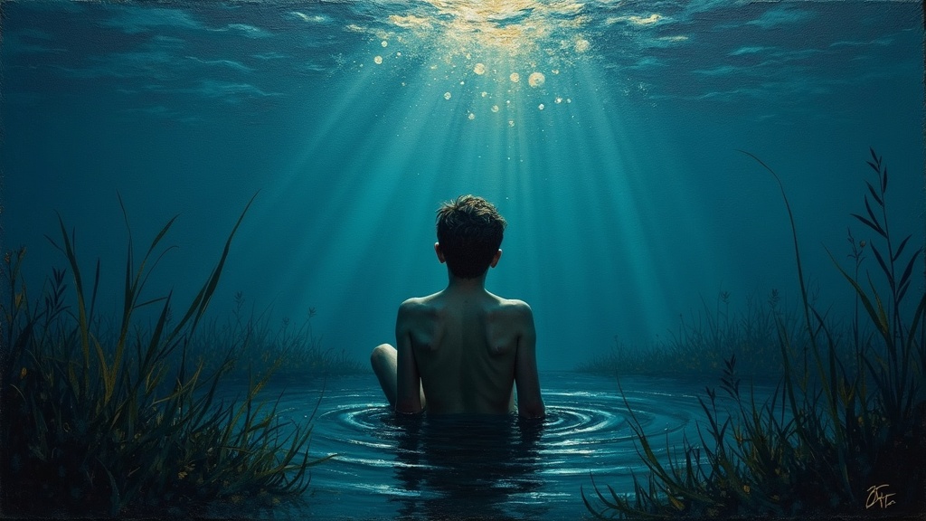 A teenage boy stuck in a sitting position at the bottom of a dark, cold Michigan lake, surrounded by weeds, his body motionless as bubbles rise above him toward the distant surface light.
