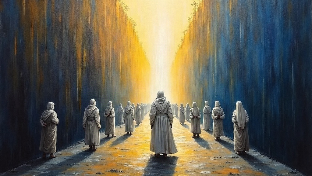 A dark beltway stretching into infinity filled with disconnected souls in filthy white robes, while a brilliant being of light made of pure white radiance stands outside an invisible barrier, unable to enter the space