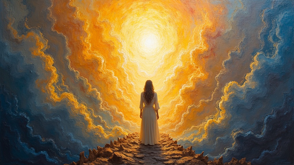 A woman's spirit merges with her deceased father's energy in a realm of infinite unconditional love, surrounded by thousands of protective beings and angelic choirs, all bathed in a light more real than physical reality, while her awareness extends 360 degrees through walls and across continents.
