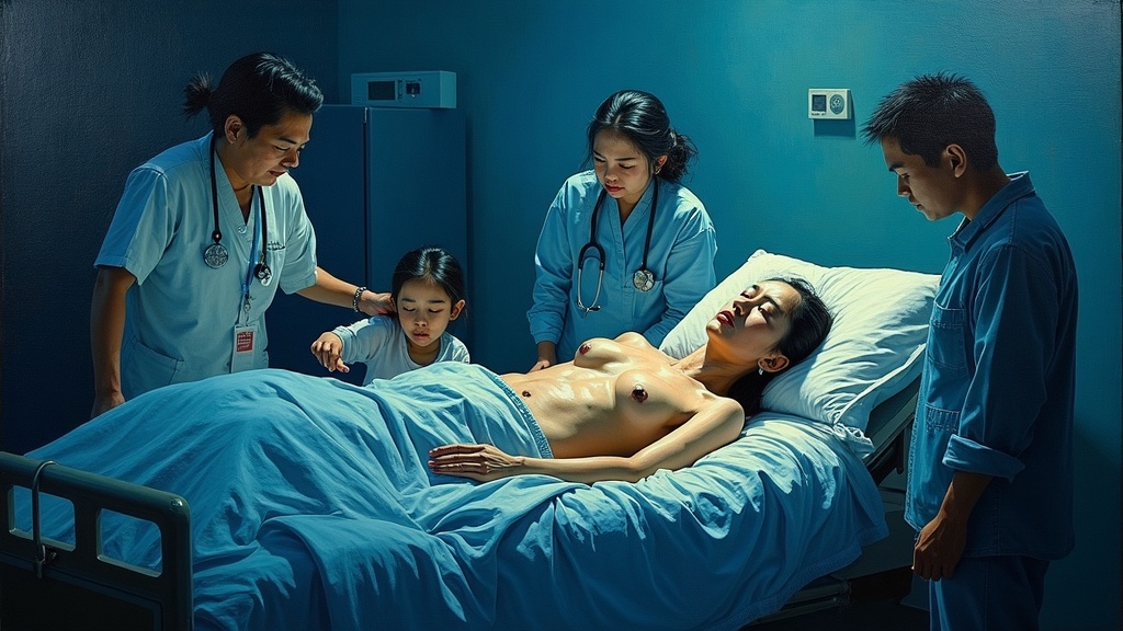 A skeletal woman weighing 85 pounds lies unconscious in a Hong Kong hospital bed, her lungs filled with fluid, tumors the size of golf balls throughout her body, surrounded by grieving family as doctors explain these are her final hours.