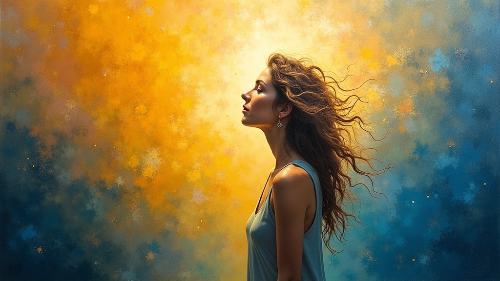 A woman in a state of pure awareness, surrounded by boundless light and unconditional love, sensing the presence of her deceased father and best friend, experiencing complete freedom and wholeness