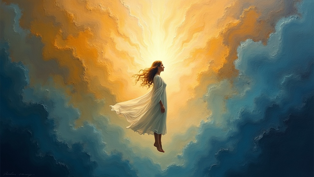 Woman's consciousness floating near the ceiling of a hospital room, wrapped in a soft warm blanket of love and light, with a radiant being standing beside her emanating absolute acceptance and comfort, while below doctors and nurses perform CPR on her body.