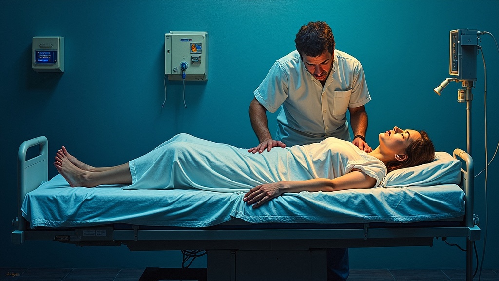 Woman lying on an X-ray table in a hospital room, eyes rolling back, hyperventilating, while an X-ray technician leans over her face in panic, realizing his thumb is on the wrong button as the table tilts incorrectly.