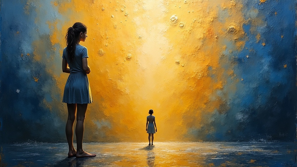 A frozen frame from a life review showing a woman on stage, with a calm presence asking 'what were you thinking?' while she observes herself both as participant and witness in a space made of molecules of love