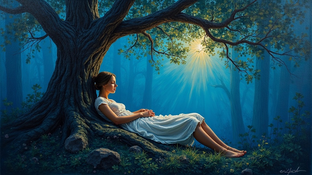 A woman lying under a large protective tree, her limbs going numb one by one, feeling air leaving the top of her head while her friend holds her hand in a remote wooded area