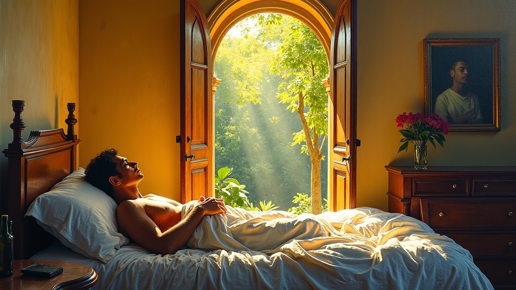 A man lying in a sunlit bedroom with colonial-style arched doors opening onto a lush green forest, feeling intense warmth and hearing celebratory voices and birdsong from beyond the doorway, bathed in golden light.
