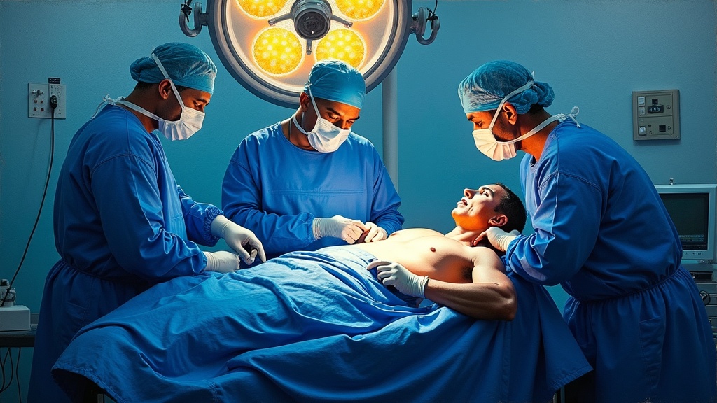 A man lying on an operating table under bright surgical lights, his chest open, surrounded by a medical team in blue scrubs and masks, working silently in a sterile white room.