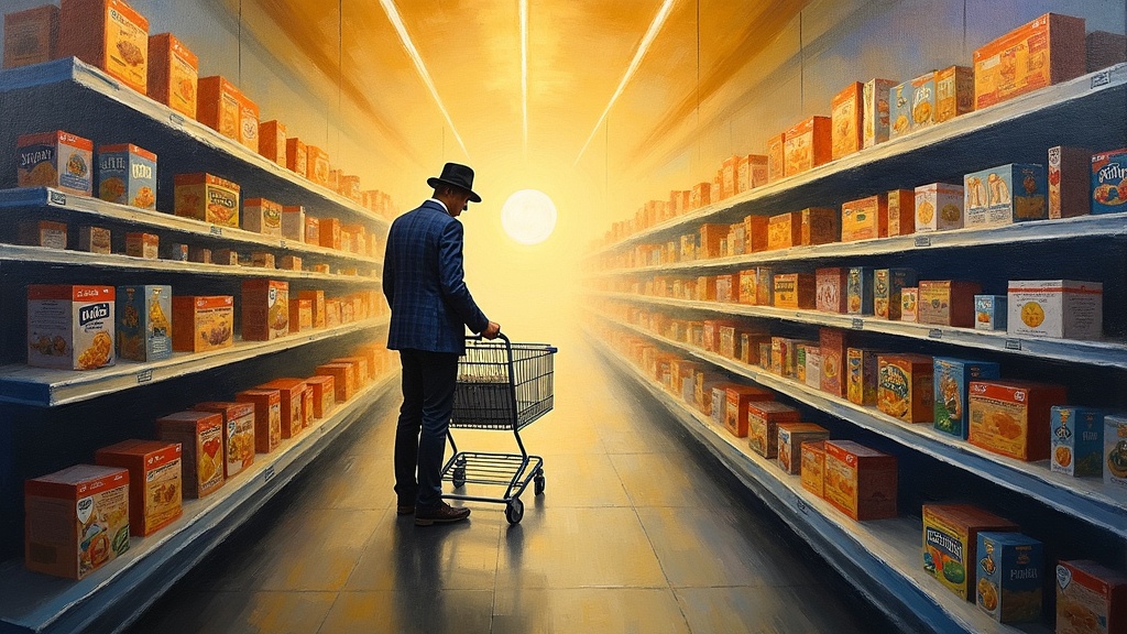A soul standing in a celestial grocery store pushing an empty cart, facing a man in a plaid blazer and fedora, with shelves lined with glowing boxes labeled with life experiences like cereal boxes, surrounded by soft white light.