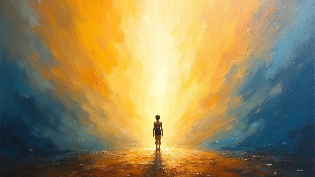 A figure standing in the presence of an infinite, all-encompassing light that extends endlessly in every direction, no boundaries or edges, pure overwhelming love radiating from the source, a sense of timelessness and complete understanding