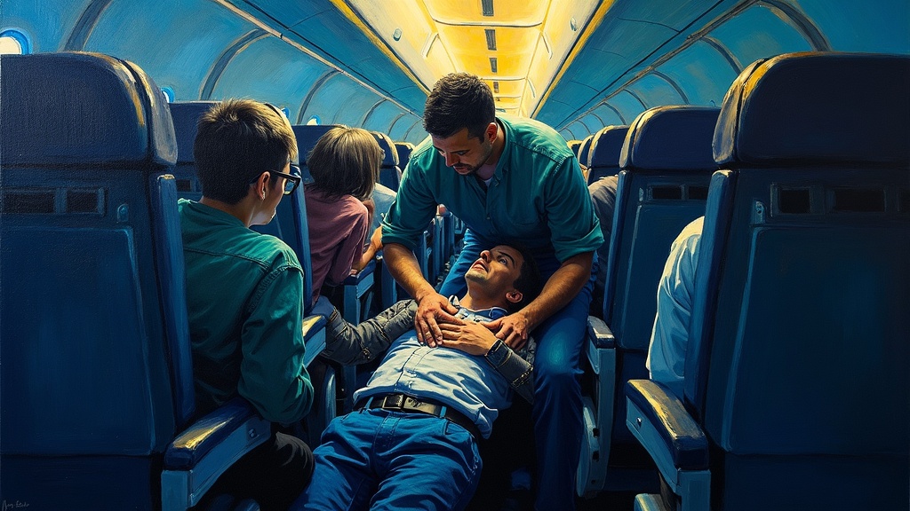 A man lying unconscious in an airplane aisle while a large friend performs chest compressions, passengers watching anxiously from their seats, the cramped space of the aircraft interior