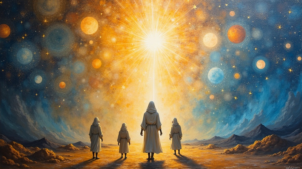 A vast consciousness flying through a star-filled realm filled with welcoming luminous orbs, then landing in a softly lit facility where three short hooded beings with big smiles stand beside a tall wispy figure radiating overwhelming love.