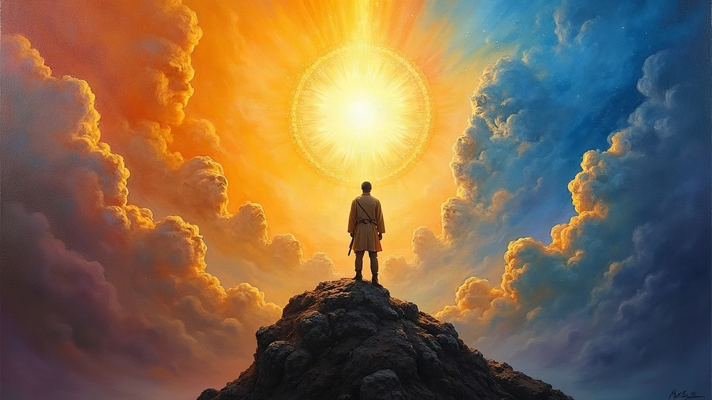A man standing at the peak of a mountain in India, facing a circle of radiant ascended masters and his guru, while behind them an infinite ocean of human faces unfolds across the sky, and a blazing feminine light descends from above, offering peace.