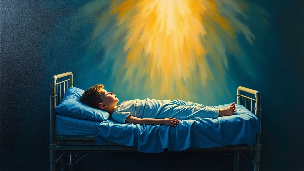 An eight-year-old boy lying motionless in a dark hospital room, his small body on the bed below as his consciousness floats above, the room beginning to fill with warm, golden light while shadowy angelic figures gather around him.