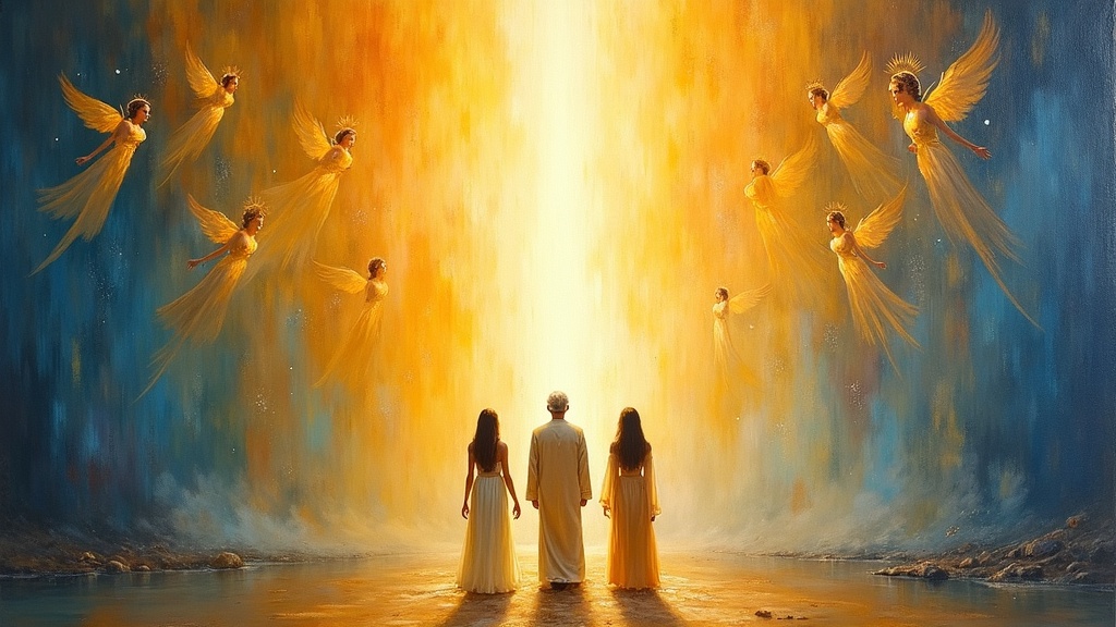 Three radiant beings of light, one female (Antonia