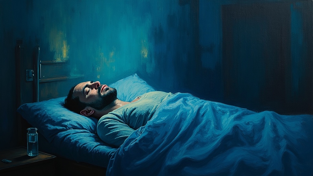 A man lying motionless in a hotel room bed, throat swollen, taking his last labored breath as a faint fluorescent mist begins to form above his body in the dim light.