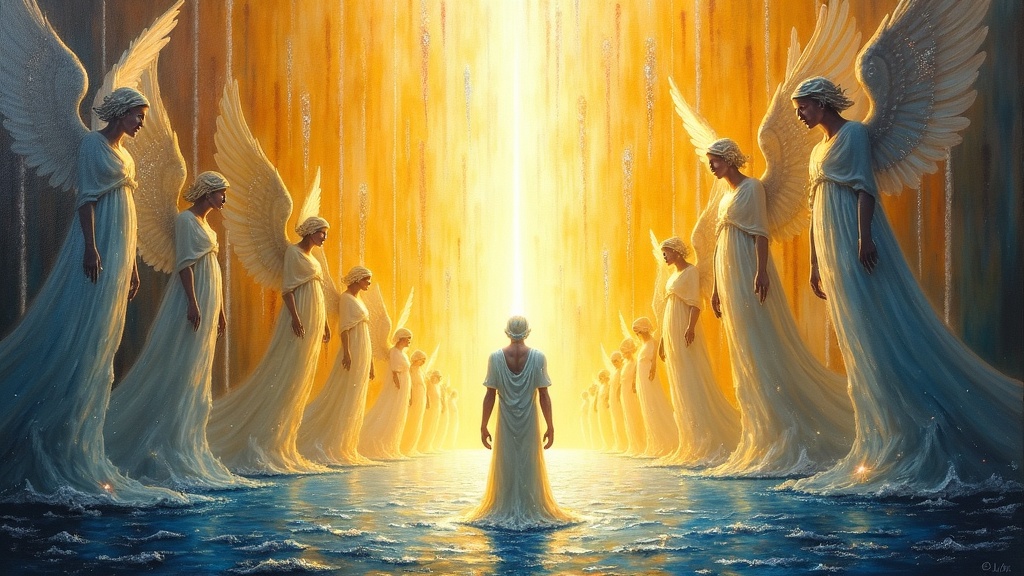A man in spirit form standing in a massive illuminated auditorium surrounded by magnificent angels who are beams of light, with flows of crystal numbers (8, 1, 3, 6, 9, 66) reflecting off everything like flowing water.