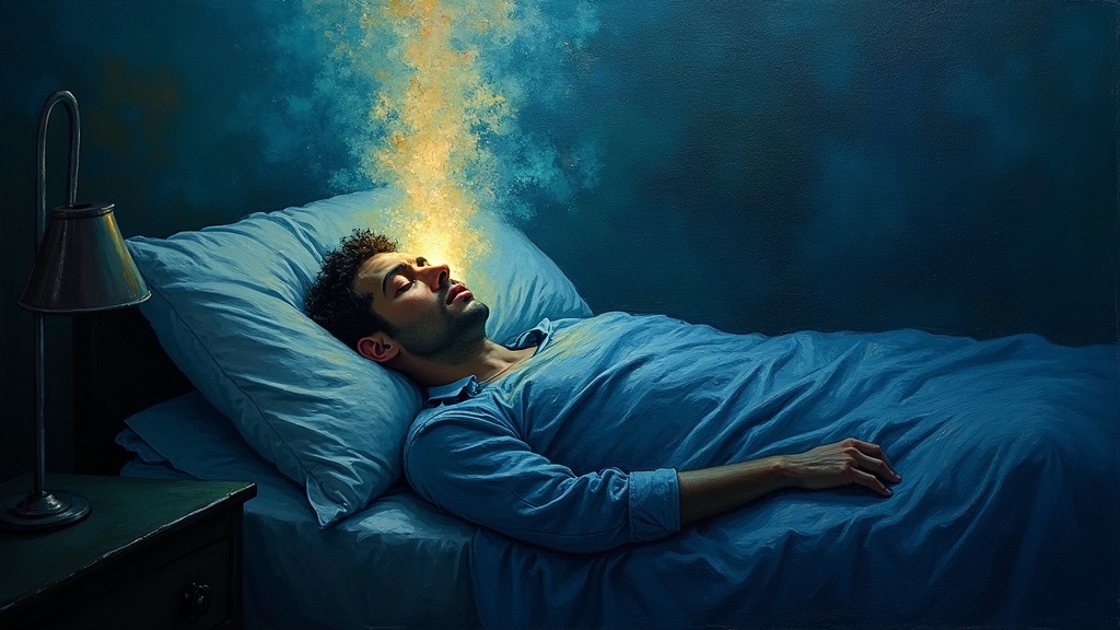 A man lying motionless on a hotel bed, wrapped in pain, while a glowing mist of consciousness rises through his eyes and hovers above, looking down at the body below.