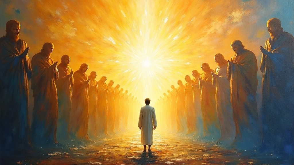 A man standing before an infinite brilliant light that extends in all directions without end, in the center of the light is the radiant form of Jesus surrounded by countless luminous beings in human form, love flowing like a river from Jesus into the man's soul.