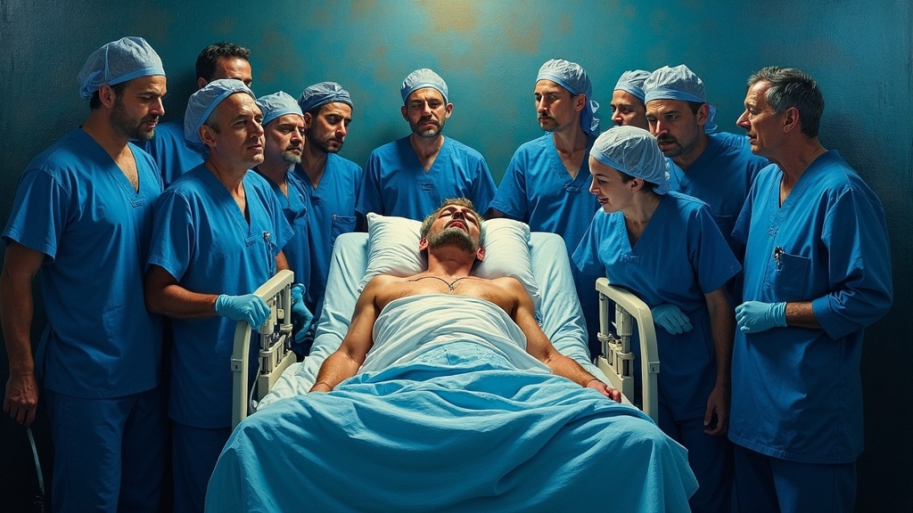 A man lying in a hospital ICU bed surrounded by about 20 medical staff in chaos, monitors beeping, the patient's eyes closed in severe heart failure and ventricular tachycardia, moments before clinical death.