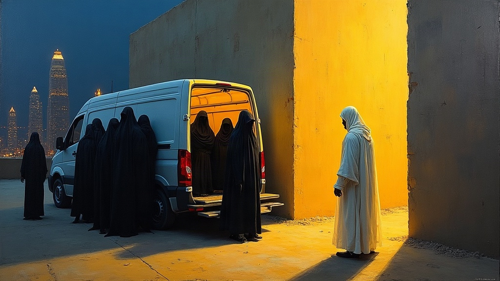 Souls with black coverings over their heads being unloaded from a van in a dark place with dim lights visible in distant buildings that look like skyscrapers, a tall white figure with Egyptian-style head covering sitting before a wall of sand