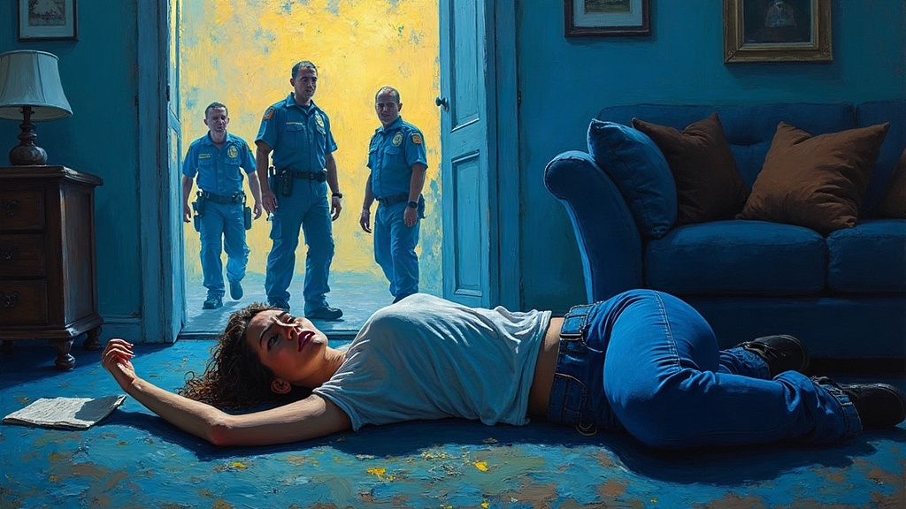 A woman lying on a living room floor, a handwritten note clutched in her hand, her mother screaming in the background as emergency responders rush in