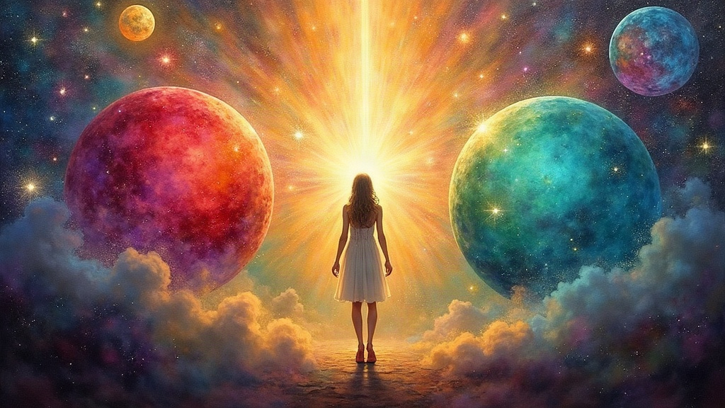 Three luminous orbs of gemstone colors, ruby red, deep amethyst purple, and emerald green, hover in a vibrant cosmic space filled with intensified starlight and nebulae, holding a translucent figure in their radiant presence.