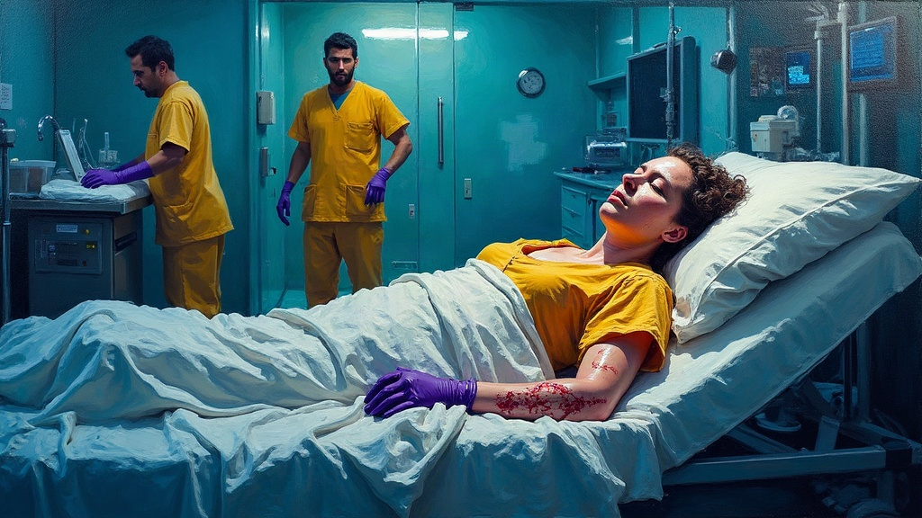 A woman lies swollen and unrecognizable on a bed, completely jaundiced with severe bruising, while medical staff in yellow scrubs and purple gloves work frantically in an ICU with glass walls.