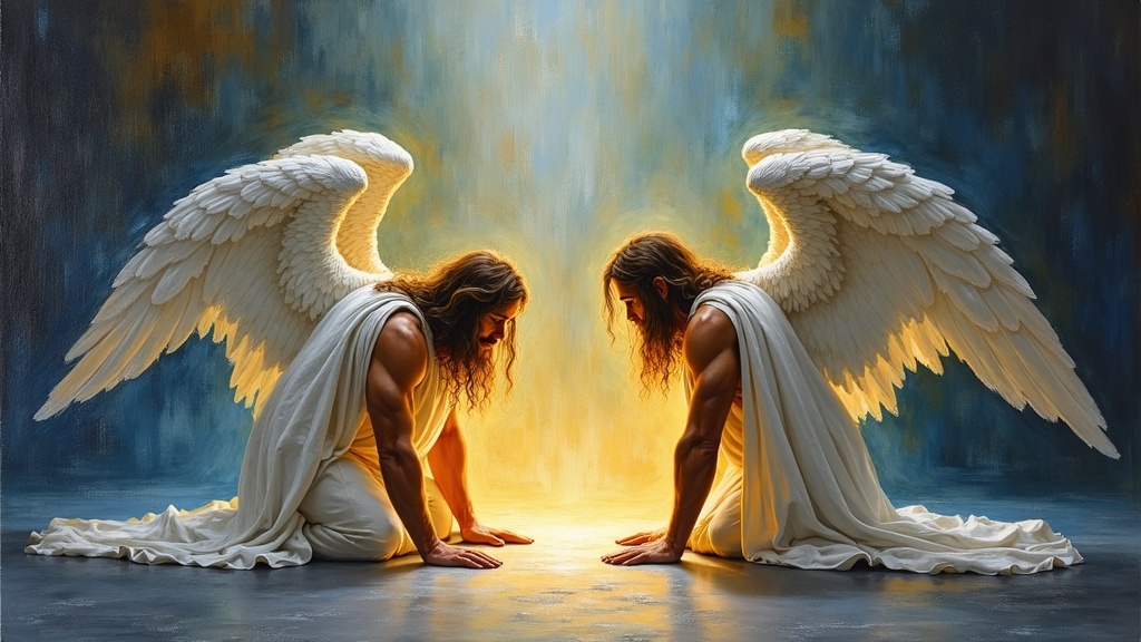 Two eight-foot-tall angels with white robes emanating light, long hair, muscular builds, kneeling on each side of a crushed body under a truck, their hands placed in the middle of the flat spot where the man's body has been compressed, while a man's spirit watches from 15 feet above in the ceiling of the garage in perfect peace.