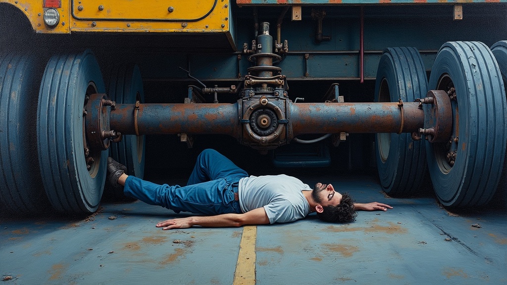 A massive logging truck axle, 10 to 12,000 pounds of steel, falling through the middle of a man's body as he lies on a creeper underneath the truck in a garage, the jack slipping out, the axle hitting cement with approximately one inch of space on the passenger side.