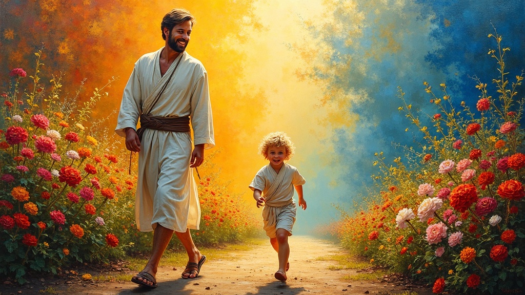 A vibrant garden with flowers and plants in colors never seen on Earth, everything glowing and bright, a man in a robe with short brown hair and piercing green eyes smiling at a little blonde curly-haired boy running playfully ahead, grains of dirt visible underfoot.