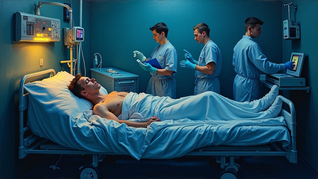 A 19-year-old man lying in a military hospital bed at Langley Air Force Base, alarms blaring, doctors and nurses rushing in as a monitor shows a flatline, the patient's right leg kicking up in reflex to pain traveling up his arm.