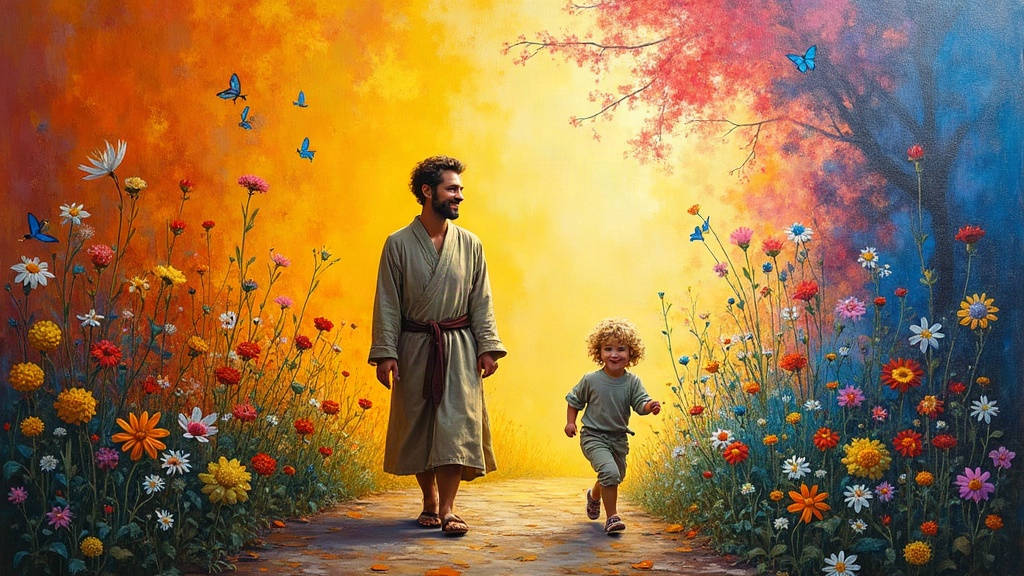 A vibrant garden with impossibly bright flowers and plants in colors that don't exist on Earth, where a man in a robe with short brown hair and piercing green eyes smiles while a small blonde curly-haired boy runs and plays ahead of him