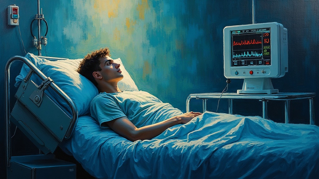 A young man in a military hospital bed, alarms blaring, doctors and nurses rushing around him as he looks toward an empty chair to his left where a calming voice speaks, the heart monitor showing a flat green line