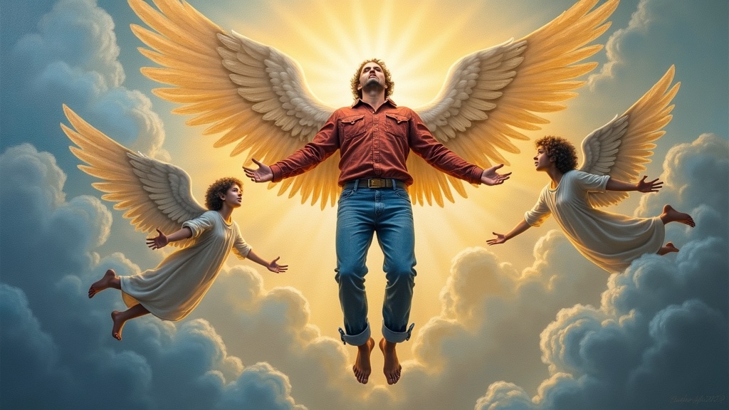 A man suspended in the air surrounded by clouds and flying angels, two angels flanking him, one with a radiant beetle-like face shining with blinding light, the other with curly brown hair wearing blue jeans and a red flannel shirt with rolled-up sleeves, both familiar and comforting.