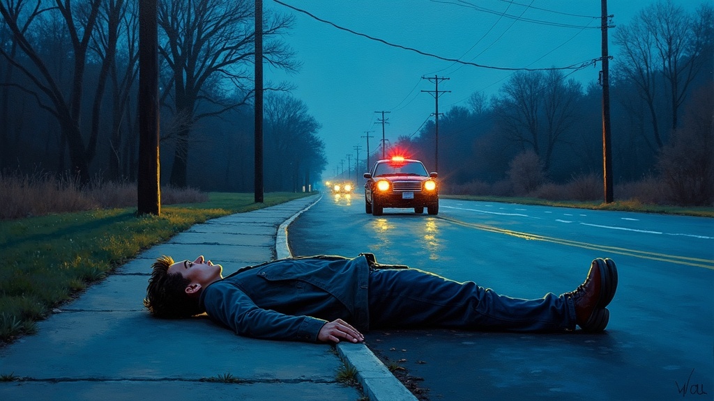 A young man lying on concrete pavement after jumping from a moving car, his body motionless on the side of a road at dusk, with a friend's car stopped nearby and the distant sound of approaching sirens.