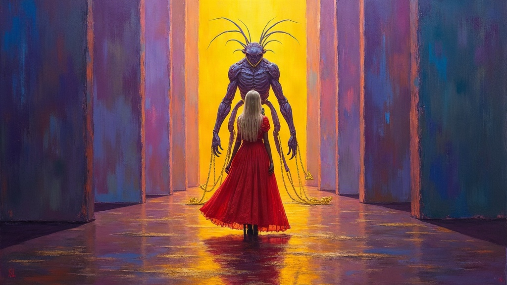 A beautiful blonde woman in a red dress with ten radiating gold chains turning around to reveal a seven-foot tall insectoid demon, still wearing those same glowing chains, in a massive warehouse filled with purple light